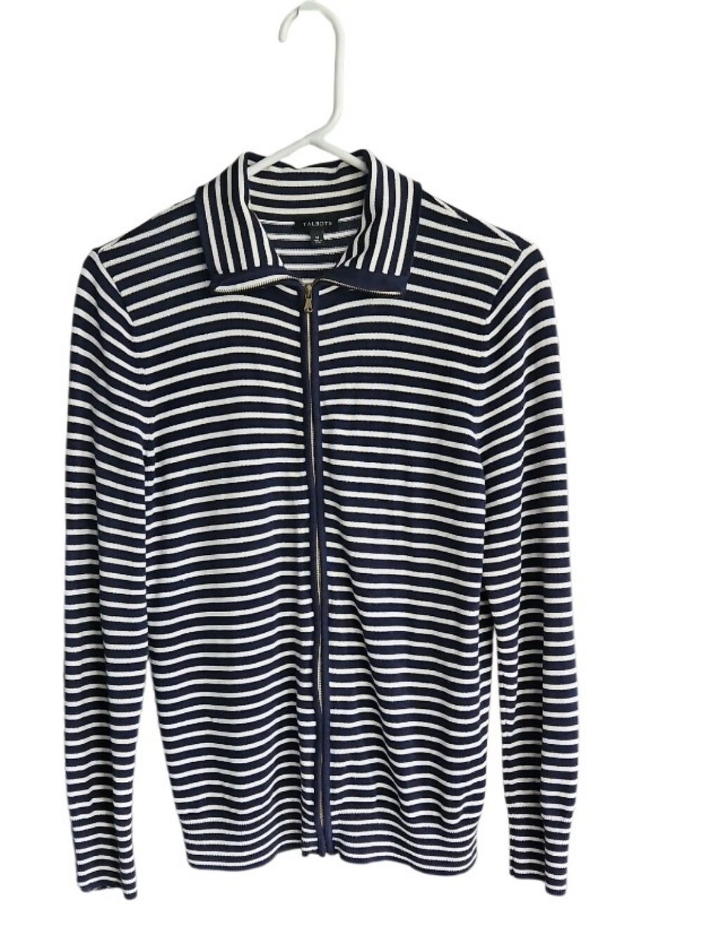 Talbots Women's Navy and White Striped Zip-Up Sweater Size M